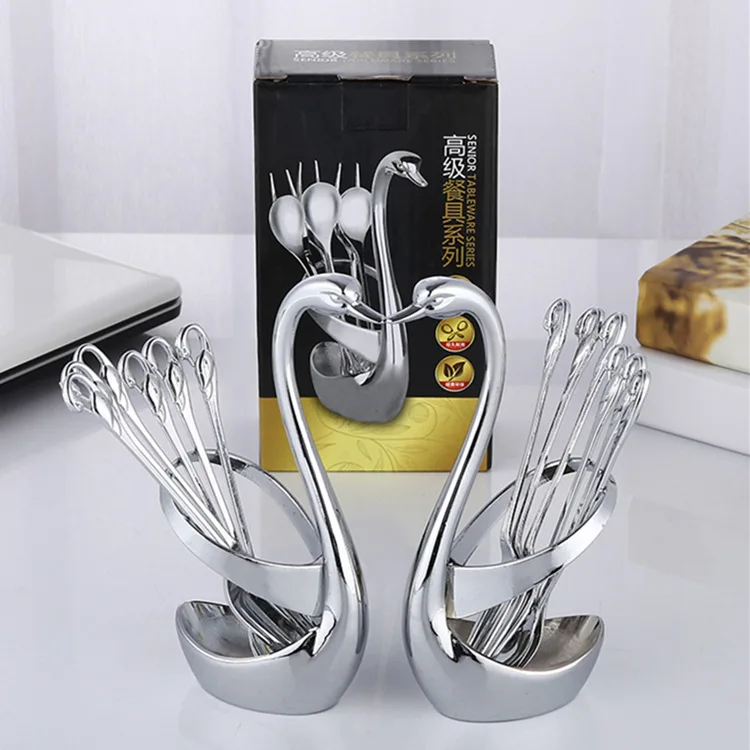 

Kitchen restaurant Creative Stainless Steel Tableware Swan Cygnus base And Fork for fruit and Coffee Spoon Set Tableware Set