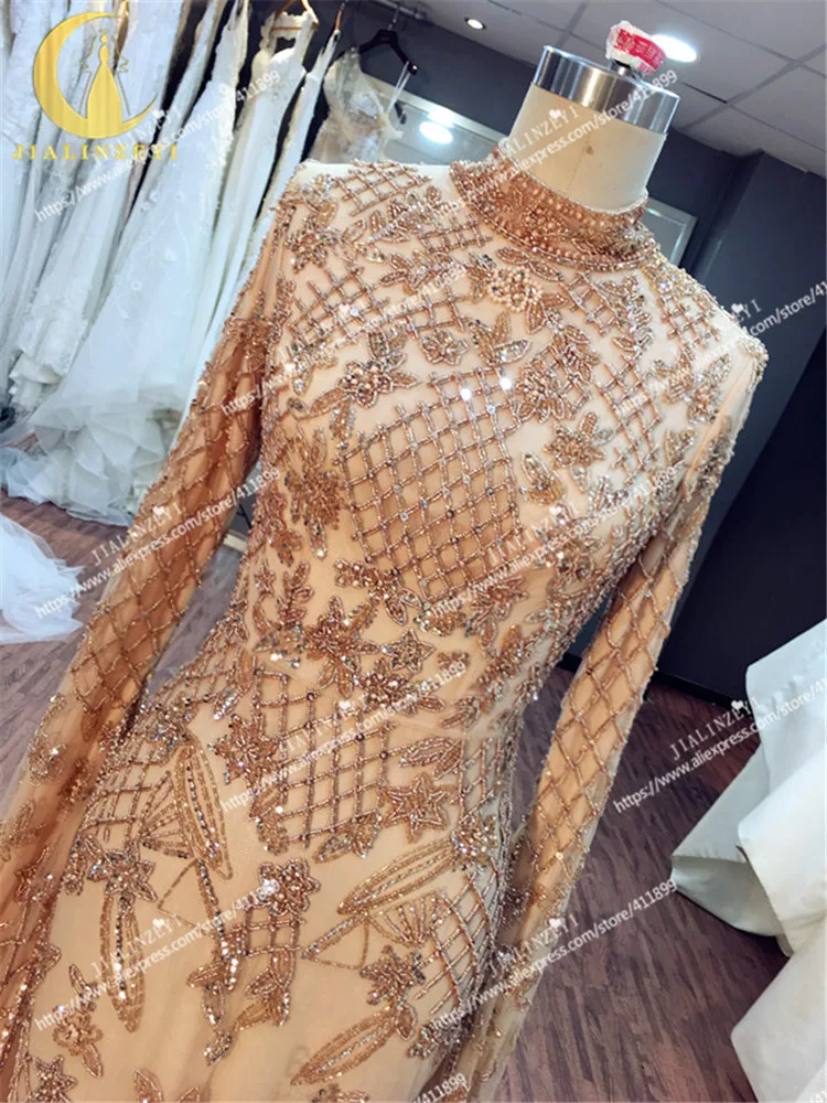 JIALINZEYI Настоящее Изображение образец роскошный полный ручной работы бусы с высоким вырезом длинный поезд Русалка вечернее платье, вечернее платье