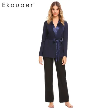 

Ekouaer Women Casual Pajamas Set V Neck Long Sleeve Patchwork Kimono Blouse Elastic Long Pants Pajamas Set Female Nightwear Suit
