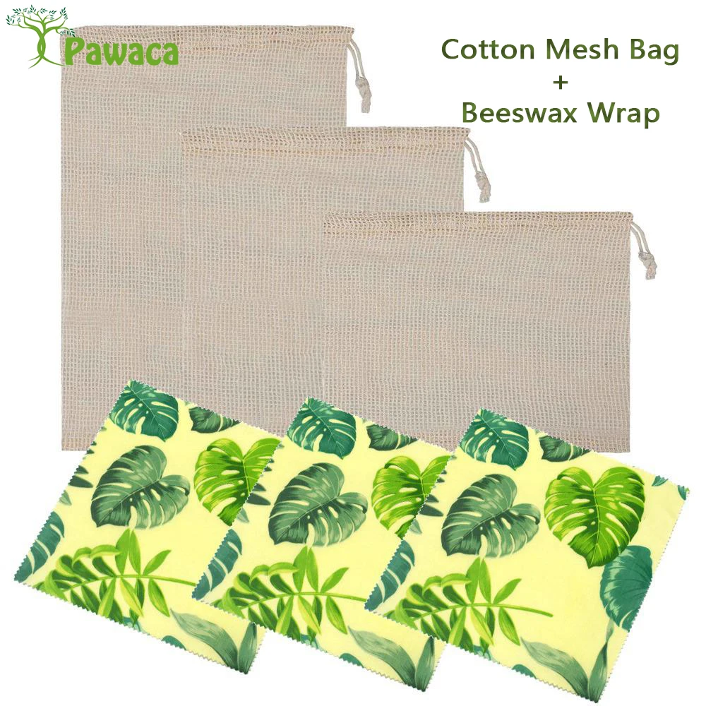 

6pcs/set Green Estate Reusable Beeswax Wrap and Cotton Mesh Storage Bag Vegetable Fruit Fresh Keeping Reducing Carbon Footprint