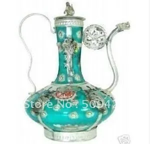 

fast ShippingChinese Tibet silver green porcelain carved teapot