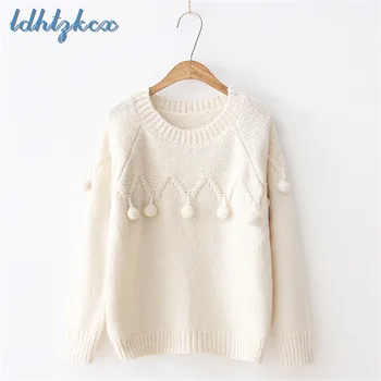 

LDHTZKCX Solid Color Loose Pullovers Cotton Knitted Sweater Female 2018 Autumn-winter New Sweet Bottoming Sweater LD589
