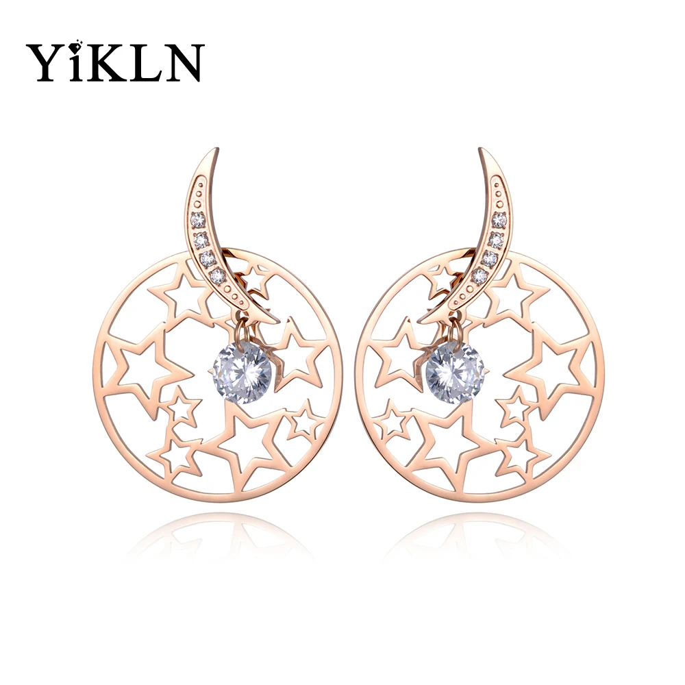 

YiKLN Jewelry Moon & Hollow Out Stars Earring Rose Gold Color Stainless Steel Stud Earrings AAA Zircon Christmas Gifts YE18448