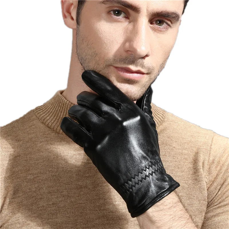 Men/'s Black Winter Touch Screen Driving Gloves Genuine Leather Wool Wrist M L XL