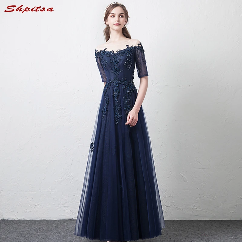 

Navy Blue Lace Mother of the Bride Dresses with Sleeves Beaded A Line Evening Groom Godmother Dresses