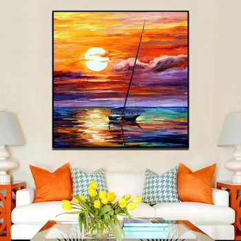 

Modern Sunset Ship Sea Sailboat Knife Oil Painting on Canvas Handmade Wall Picture for Living Room Bedroom Wall art poster