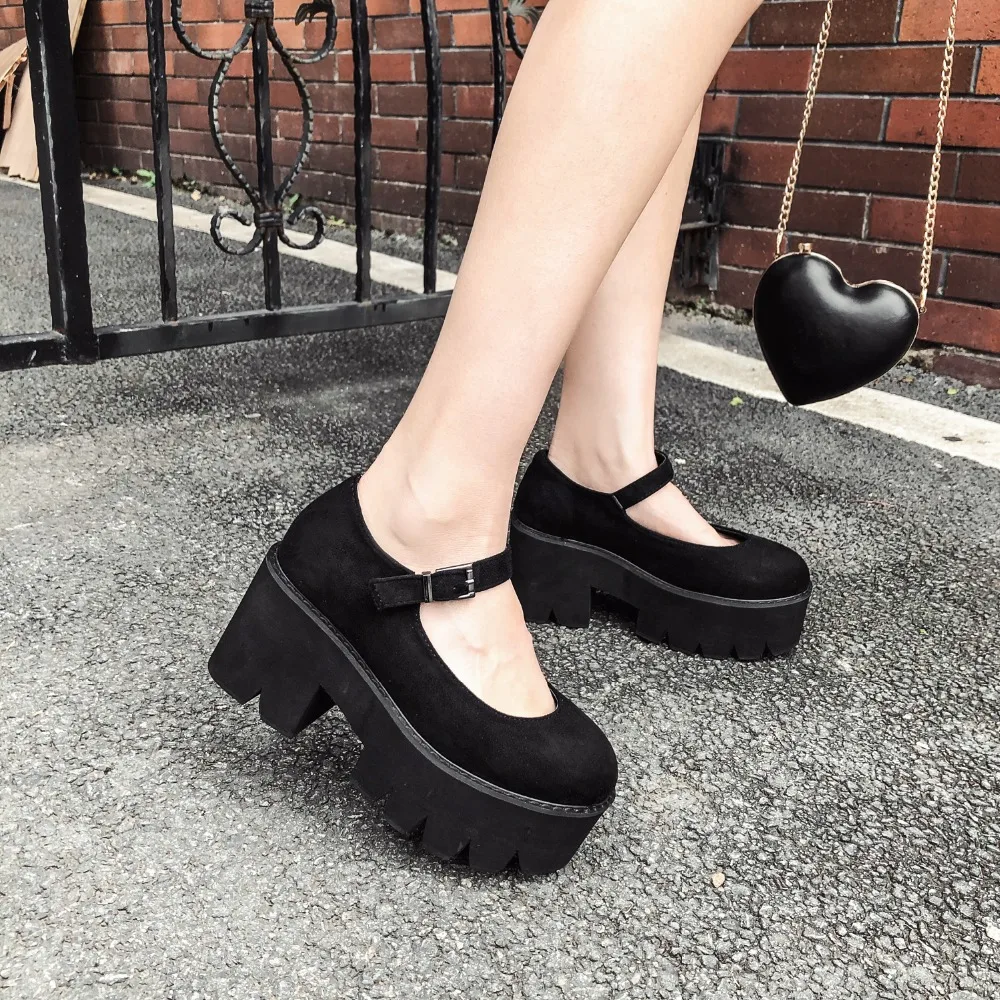 AIYKAZYSDL Women Pumps Platform Wedge Shoes Block Chunky Thick High Heels Preppy Style Cosplay Shoes Mary Jane Faux Suede Shoes
