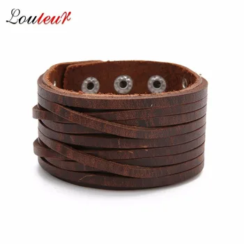 

LOULEUR Vintage Brown Punk Men Multilayer Genuine Leather Bracelets & Bangles Casual Wrap Bracelet Pulseira Adjustable Jewelry