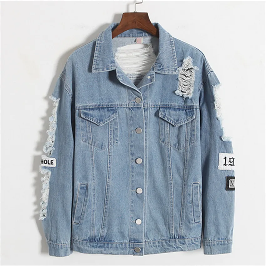 Finest  Korea Kpop retro washing frayed embroidery letter patch bomber jacket Blue Ripped Distressed Denim 