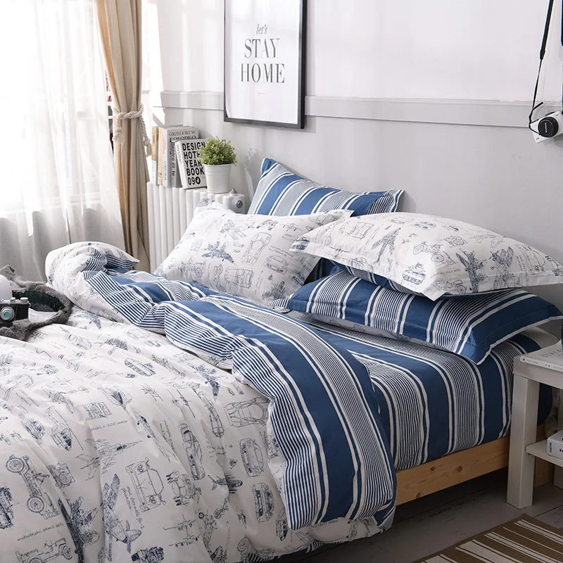 Синий комплекты постельного белья с цветами 3/4 шт. с геометрическим рисунком Комплект постельного белья: пододеяльник, простынь/натяжная простыня, наволочки для подушек, набор