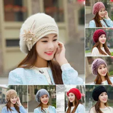 Зимняя теплая шапка из кроличьего меха, шерсть, женский цветочный берет, Цветочная шапка, вязаная крючком Лыжная шапка