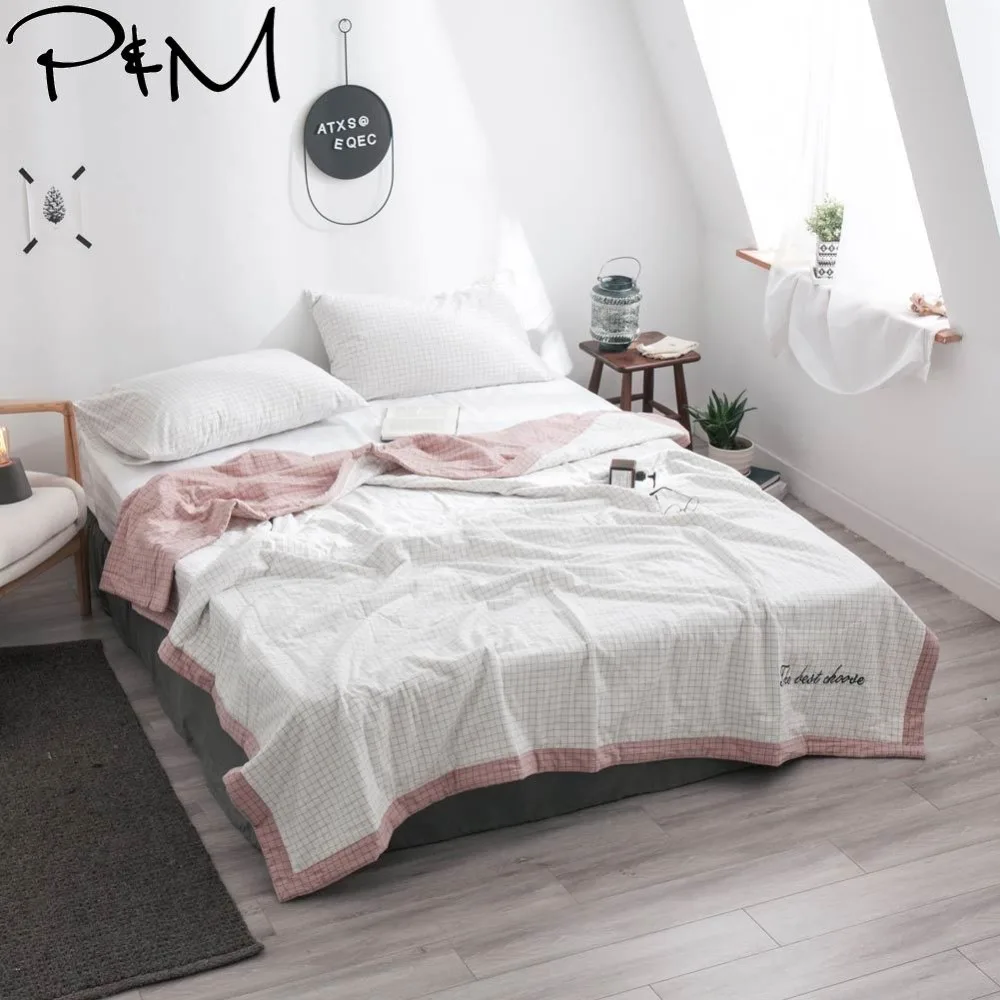 

2019 White Plaids Pink Quilt Cotton Fabric Cotton Filler Air-condition Quilted Comforter Summer Blanket Twin Queen King Size