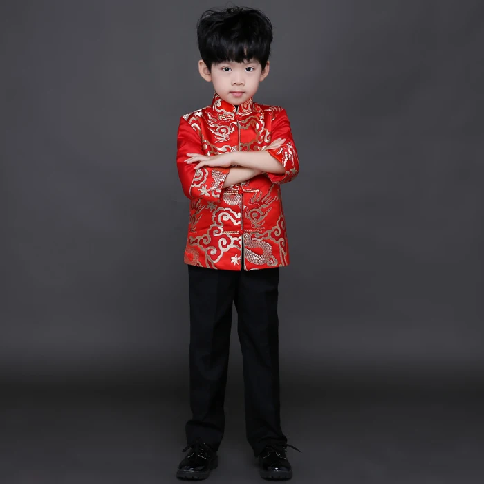 Тан Cheongsam атлас с длинным рукавом пальто свободного кроя красный год костюмы для мальчиков в китайском стиле Ципао детей китайский Стиль весеннее платье - Цвет: suit