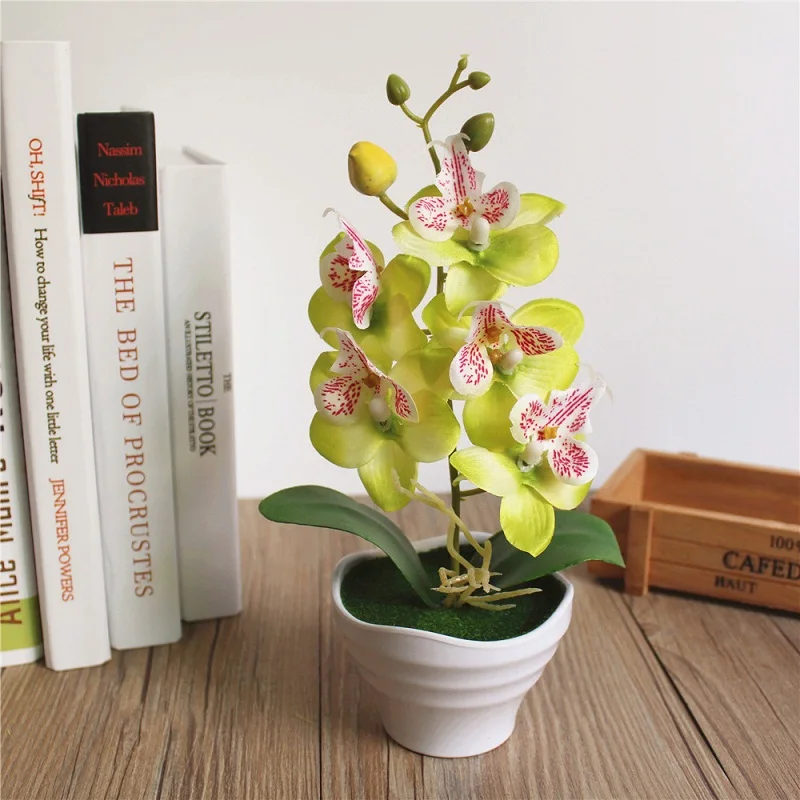 1 комплект горшечные искусственные цветы, орхидеи+ пена лист+ Пластик ваза моделирования и пятью цветками; головок маленький бонсай для домашнего декора аксессуары