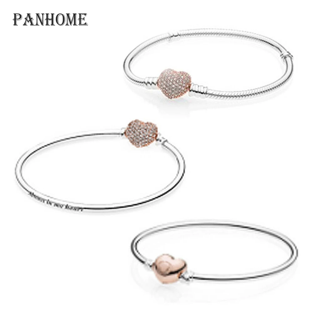 

PANHOME 100% 925 Sterling Silver Bracelets for Women DIY Beads Charm Jewelry Making Rose Gold Color Heart Clasp Bracelet Gift