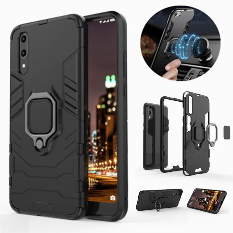 

PC+TPU Bracket Case For Huawei P20 P20 Pro P20 Lite Case Car Magnetic Holder Finger Ring Stand Cover for P20 Nova 3E Matte Coque