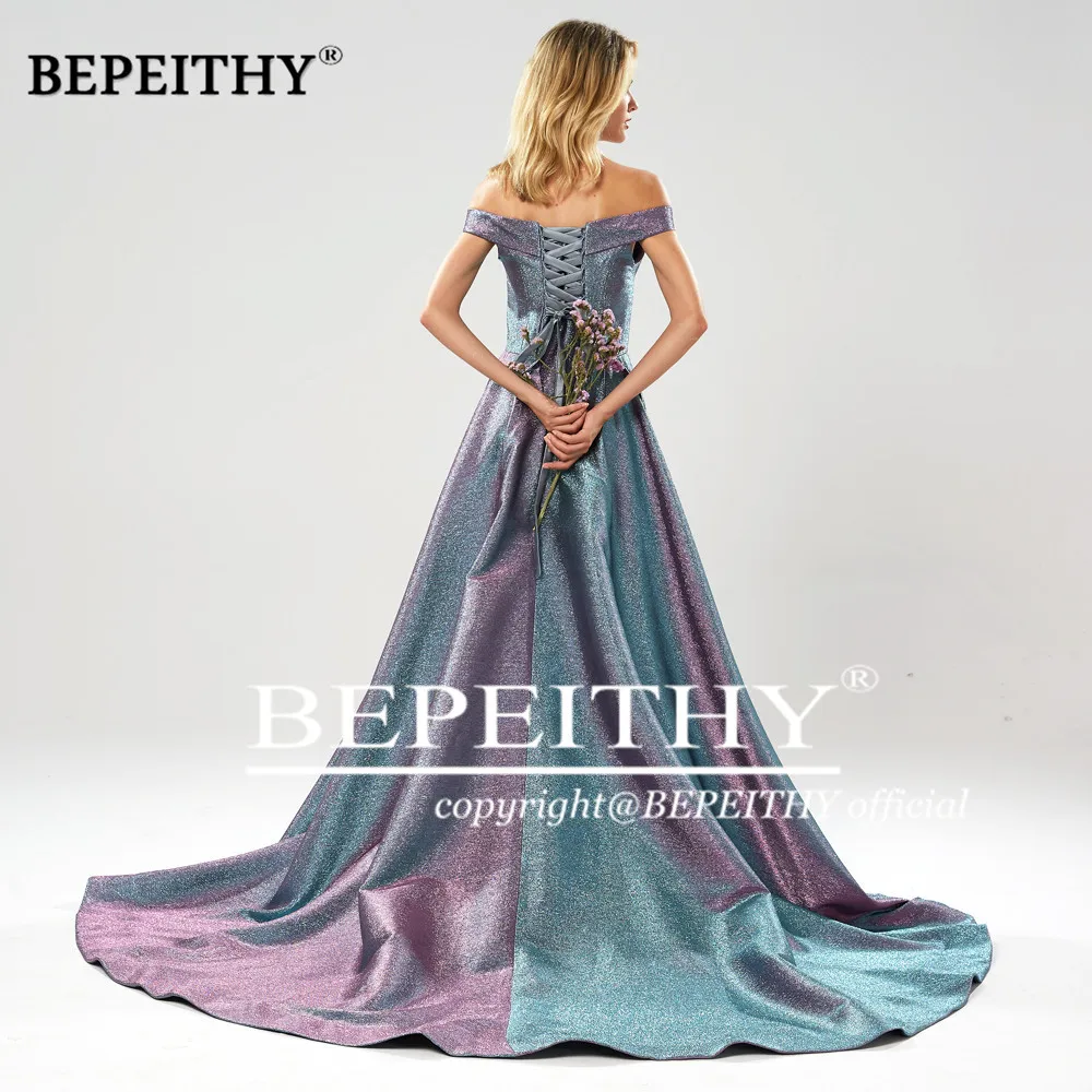 BEPEITHY Robe De Soiree длинное вечернее платье с открытыми плечами, элегантные вечерние платья с разрезом, блестящее сексуальное платье для выпускного вечера