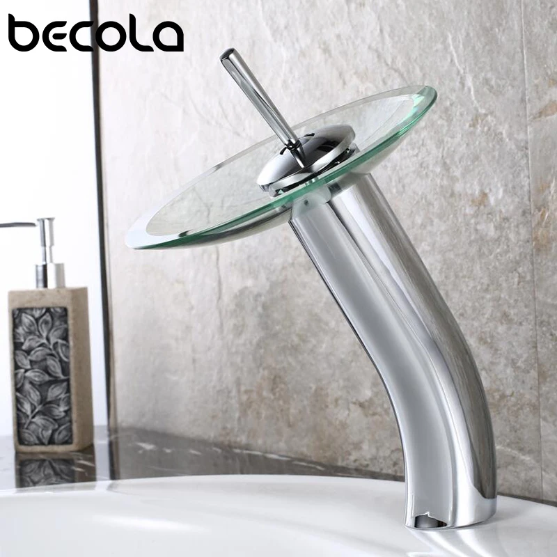 BECOLA Basin Faucet Waterfall Spout Chrome Finish Bathroom Faucets Glass 360 Swivel Single