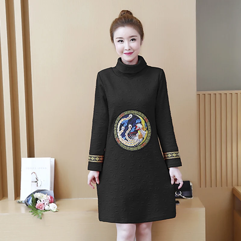 Зима 2018 новый с длинными рукавами утолщенной шелк cottonTurtleneck жаккардовое платье