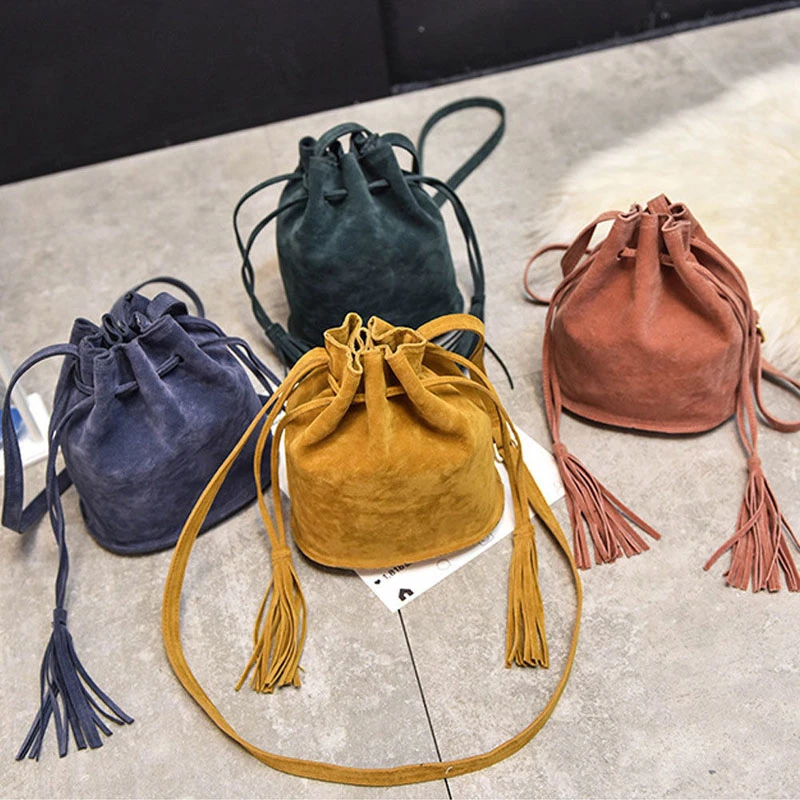 

Women Frosted Fringed Handbags Tassel Shoulder Bags Ladies Bucket Handbag Tote