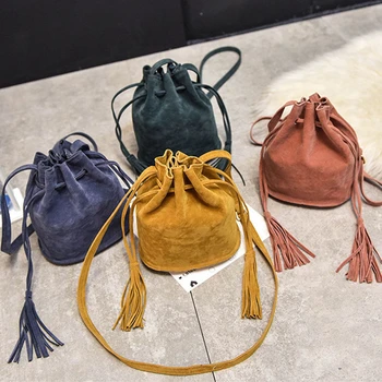 

Women Frosted Fringed Handbags Tassel Shoulder Bags Ladies Bucket Handbag Tote