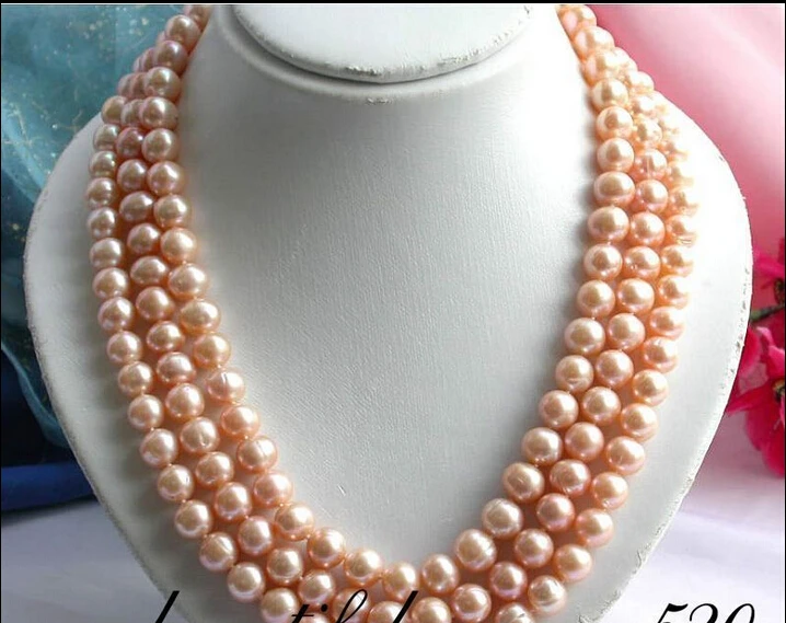 

FREE shippingReal 3row 11mm round pink freshwater pearl necklace shell Z1992