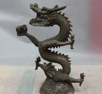 

free shipping China Royal Bronze Copper Fengshui Auspicious Zodiac God Dragon Hold Bead Statue