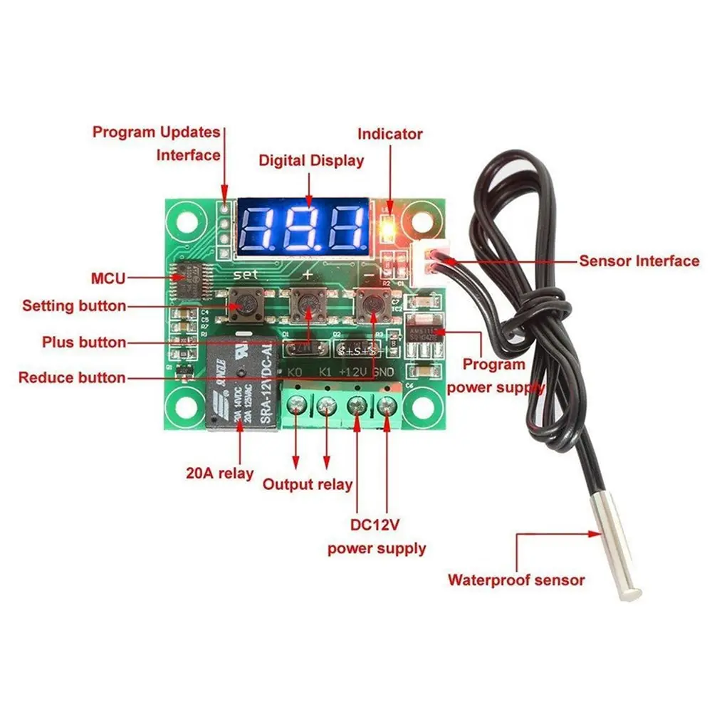 W1209 светодиодный цифровой контроллер температуры плата Micro 12 V DC переключатель сенсорного модуля с одноканальным реле и водонепроницаемый