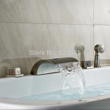 Матовый Никель Три Ручки Пять Отверстий Широкое Ванна Кран На Бортике Водопад Носик с Ручным Душем