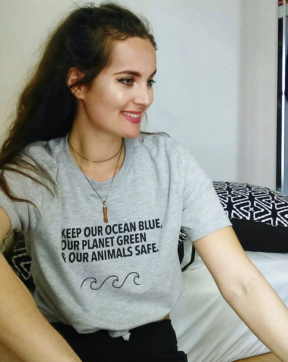 

kuakuayu HJN Keep Our Ocean Blue Our Planet Green Letter Printed Environment Protect Combed Cotton T Shirt Grey Fashion Tee