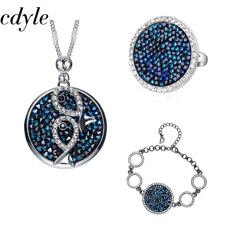 

Cdyle Fashion Jewelry Set Blue Gem Women Necklace Ring Bracelet Sets Crystals from Swarovski Bridal Jewellery Set Rhinestone