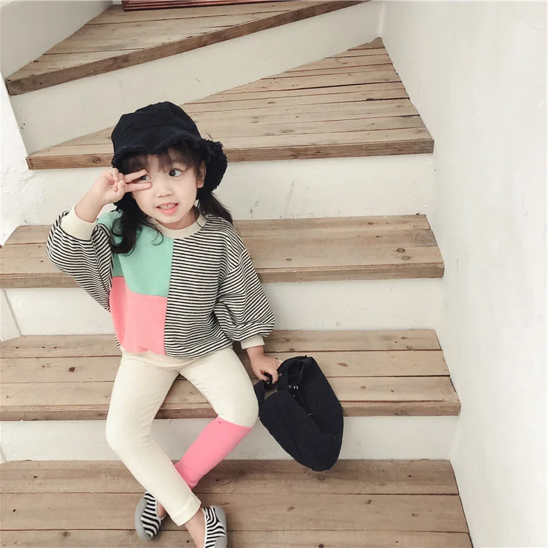 

2019 autumn new arrival girls striped 2 pieces suit top+leggings