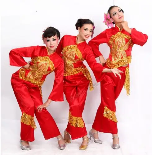 (096) sequined Embroidery Chinese national dance costumes square yangko fan dance costumes stage performance clothing drum wear