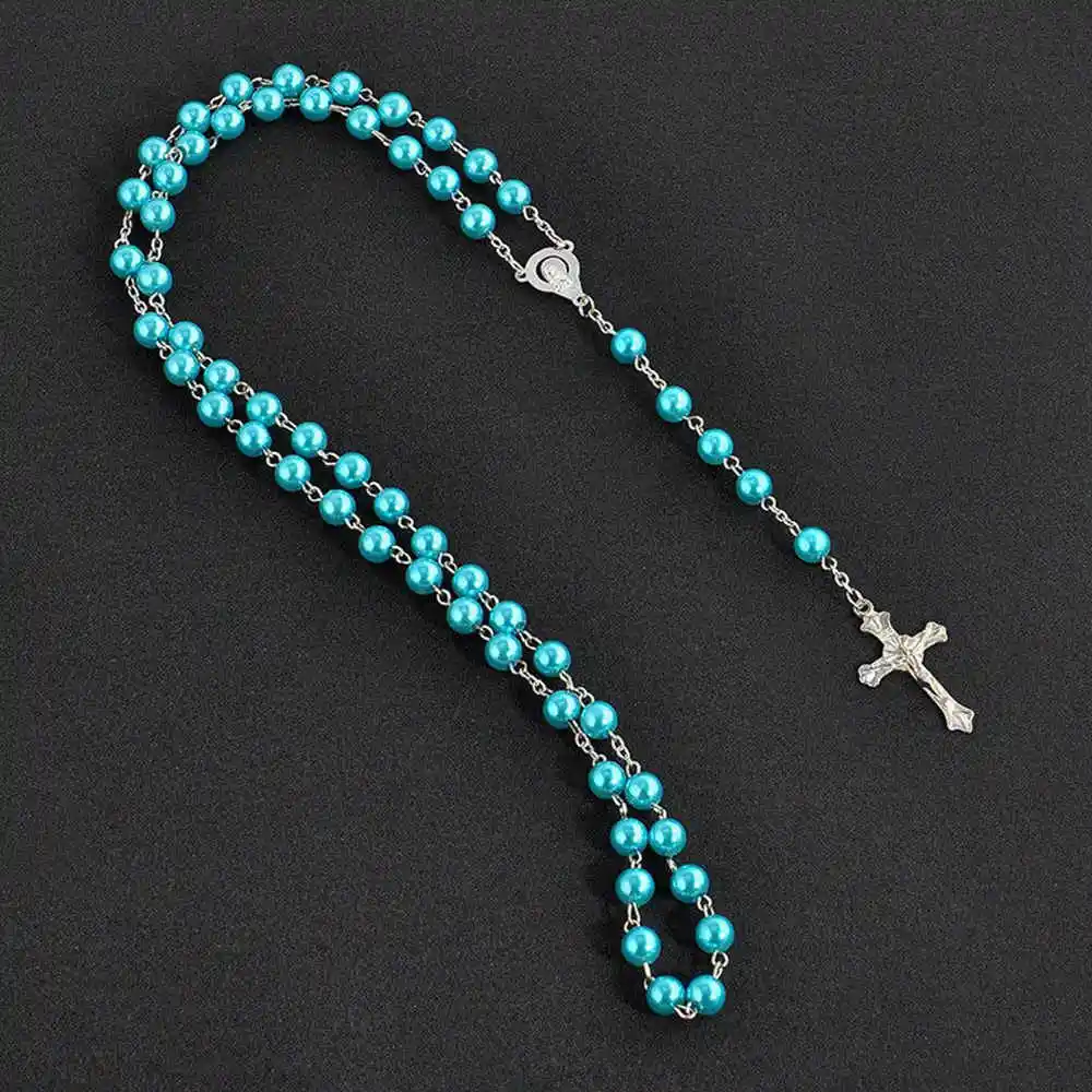 Rosary Handmade Round Glass Imitation Pearl Bead Alloy Cross Pendant Christian Catholic Religious Pendants Necklace - Окраска металла: blue