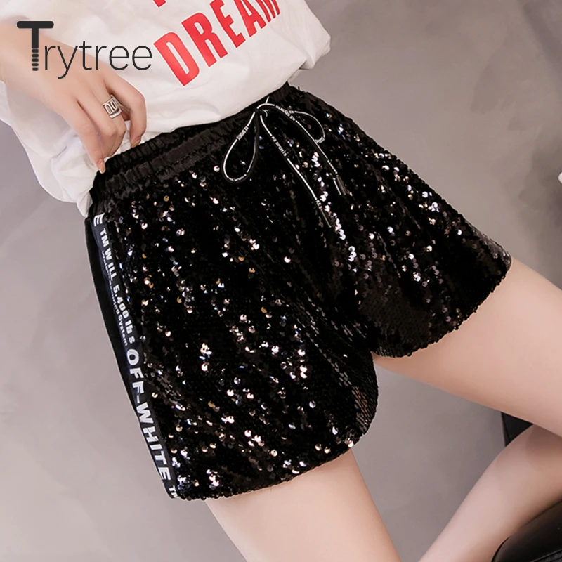 

Trytree Summer Cool Sequin Shorts for Women Casual Polyester Silky Letter Drawstring Elastic Waist Shorts Fashion Workout Short