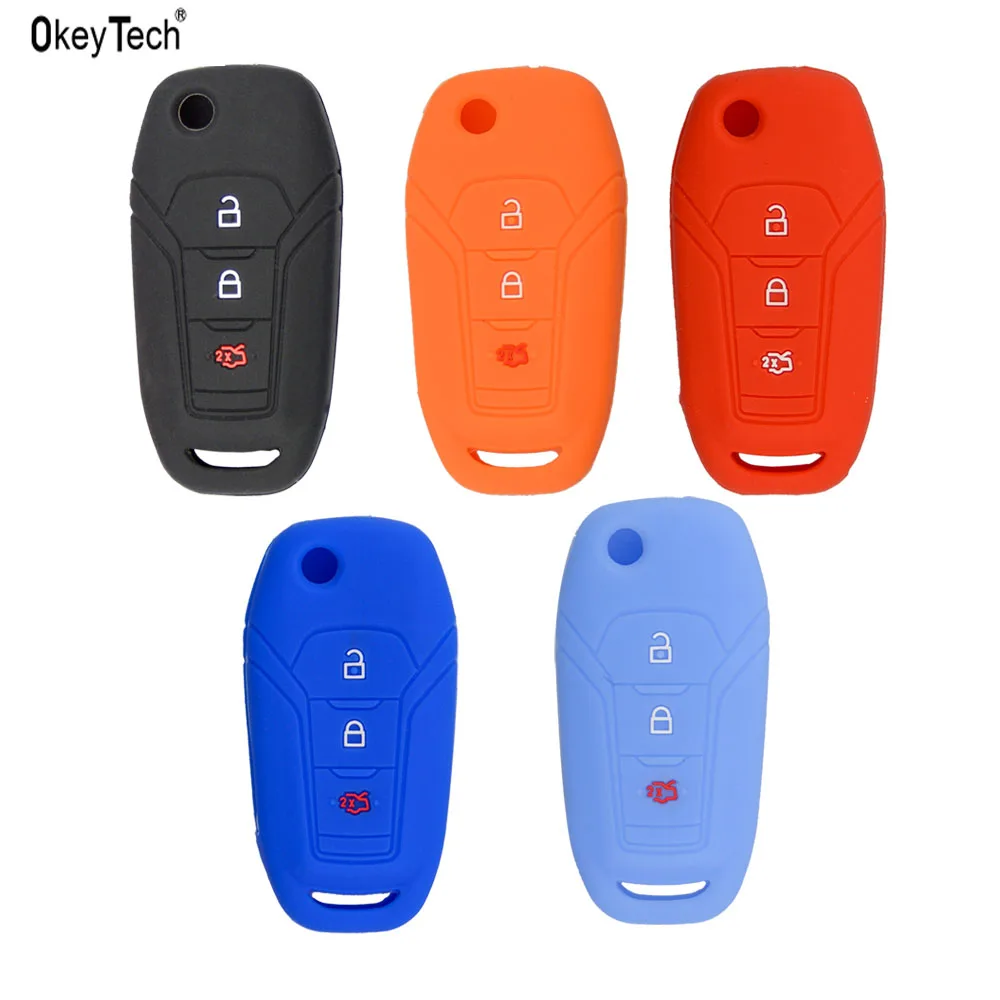 

OkeyTech Colorful 3 Button Silicone Car Key Case Shell for Ford Focus 3 Fiesta connect mondeo c max Rubber Folding Car Key Cover