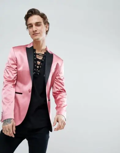 Ярко-розовый Повседневное модные Для мужчин; пиджак и брюки черного цвета 2 шт. жениха торжественное платье человек костюмы Slim Fit Выпускной