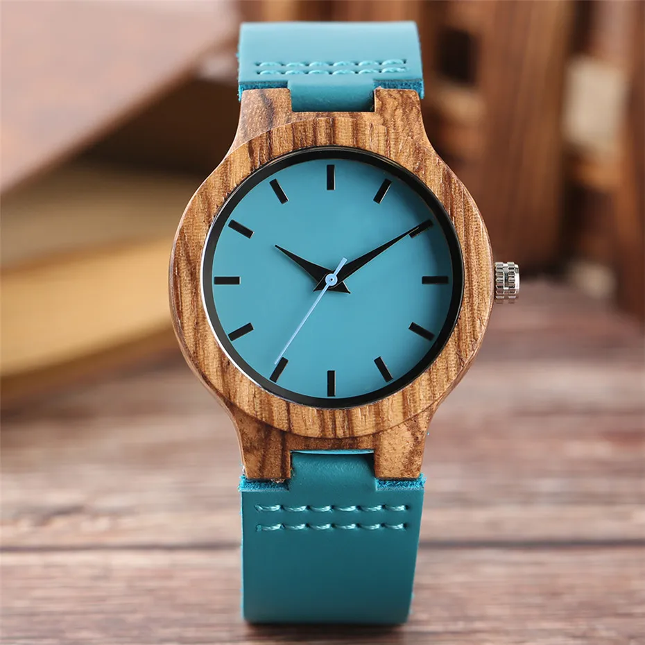 YISUYA Creative Women Watches Blue Genuine Leather Band Modern Minimalist Zebra Wooden Bamboo Ladies Watch Casual Clock Gift (13)