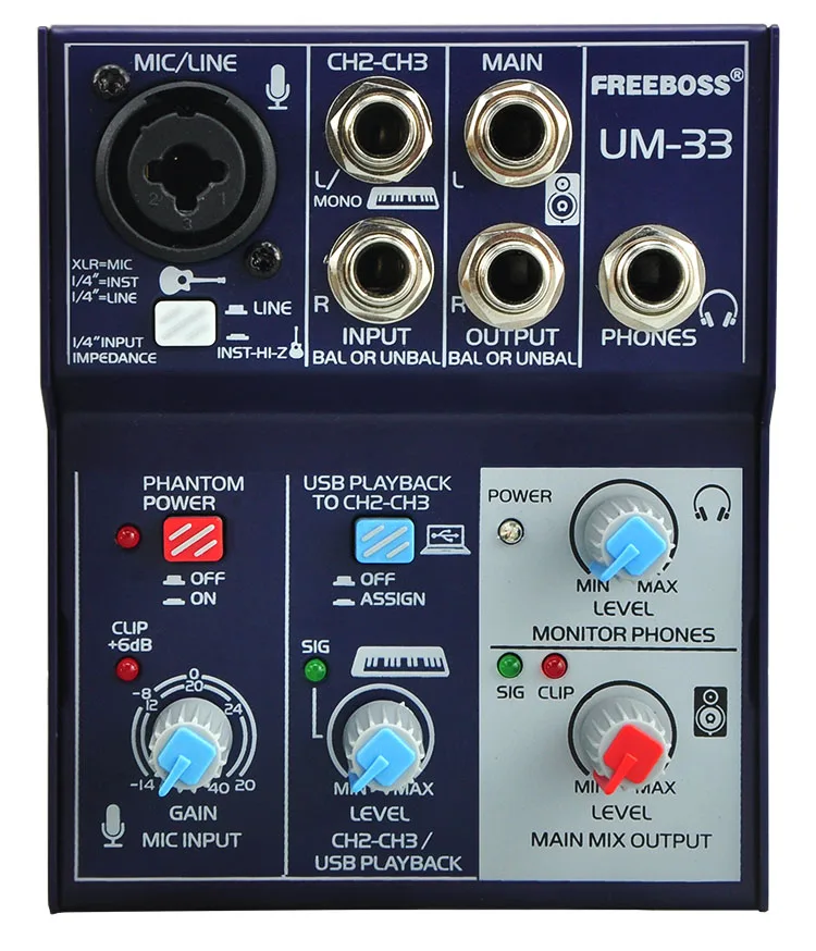 Freeboss UM-33 3 канала вход микрофонная линия вставка стерео USB воспроизведение USB интерфейс аудио микшер