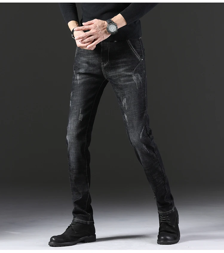 Высококачественные мужские зимние черные джинсы с шерстяной подкладкой, толстые теплые джинсы, новые мужские эластичные флисовые зимние джинсы, размер 38