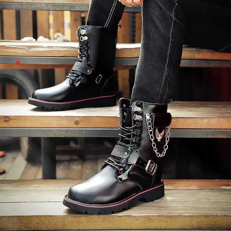 

Men Boots Autumn Winter 2018 Pu Leather Shoes Martin Boots High Top Motorcycle Boots Shoes Man Keep Warm Military Boots Cool