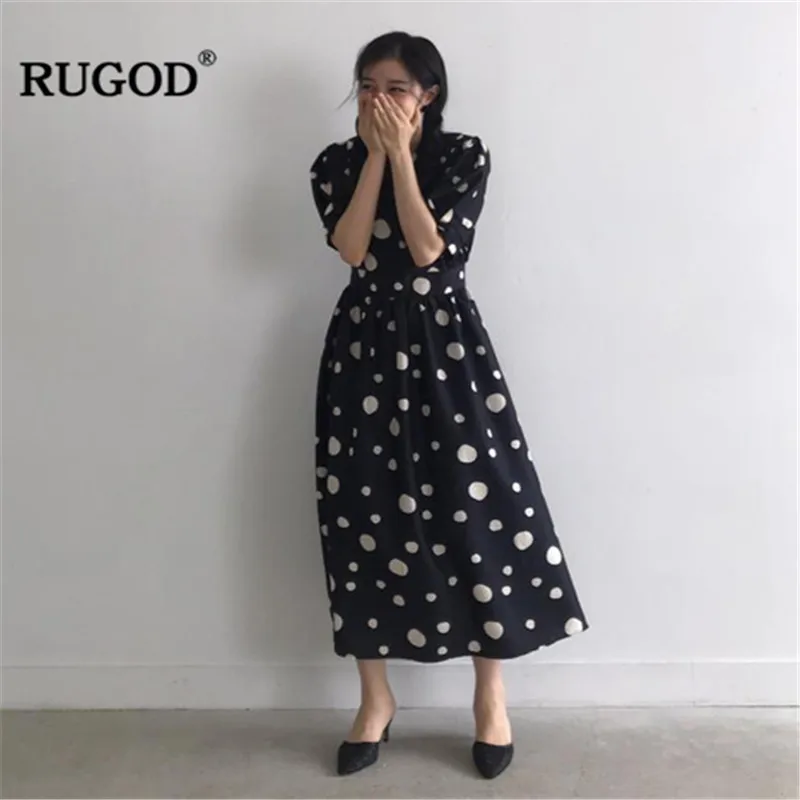 

RUGOD 2019 Spring Summer Women Dress V-neck Dot Short Sleeves Tunic Dress Ankle-length Elegant Casual Modis Vestidos