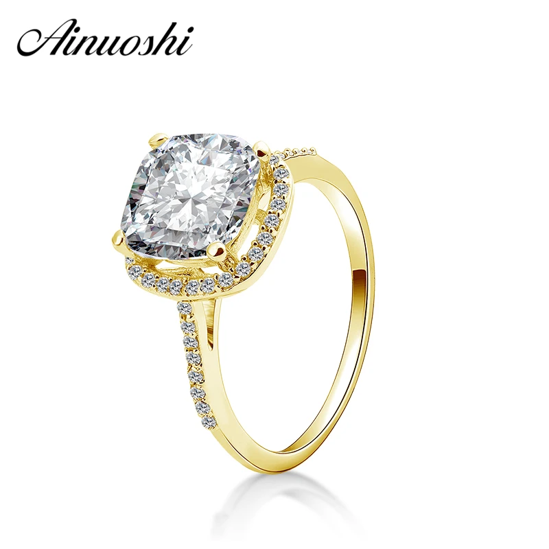 

AINUOSHI 10k Solid Yellow Gold Square Halo Ring 3 Carat Luxury Big Stone Ring Women Wedding Engagement bague Anillo de joyeria