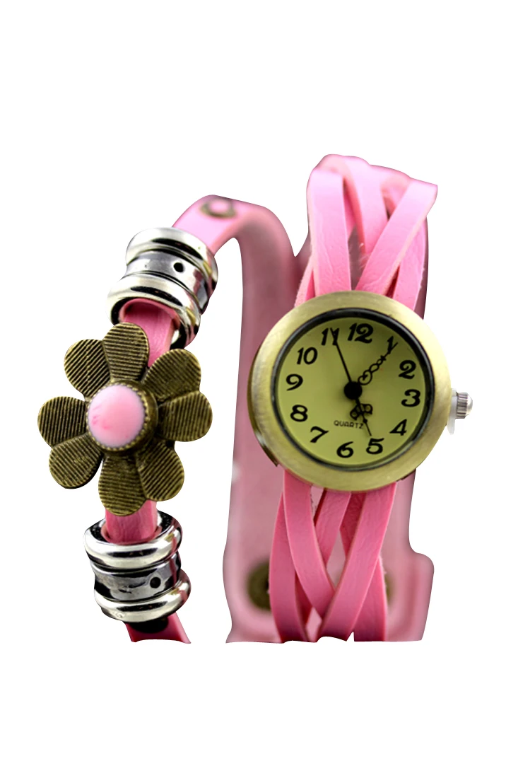 

YCYS-Women's Retro Weave Wrap Flower Faux Leather Bracelet Wrist Watch Pink