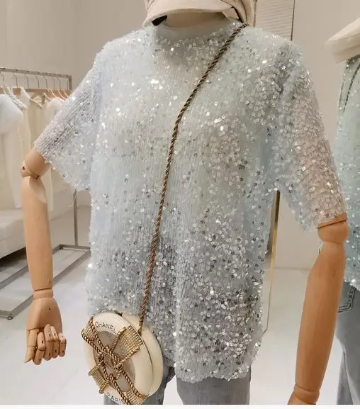 Silver lurex Knit Tops Women Sequined O Neck Summer Sweater Short Sleeve Casual Loose 