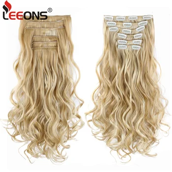 Leeons 22 Inch High Temperature Fiber Curly Synthetic 16 Clips In Hair Extensions For Women Hairpieces Ombre Brown Hair pieces 1