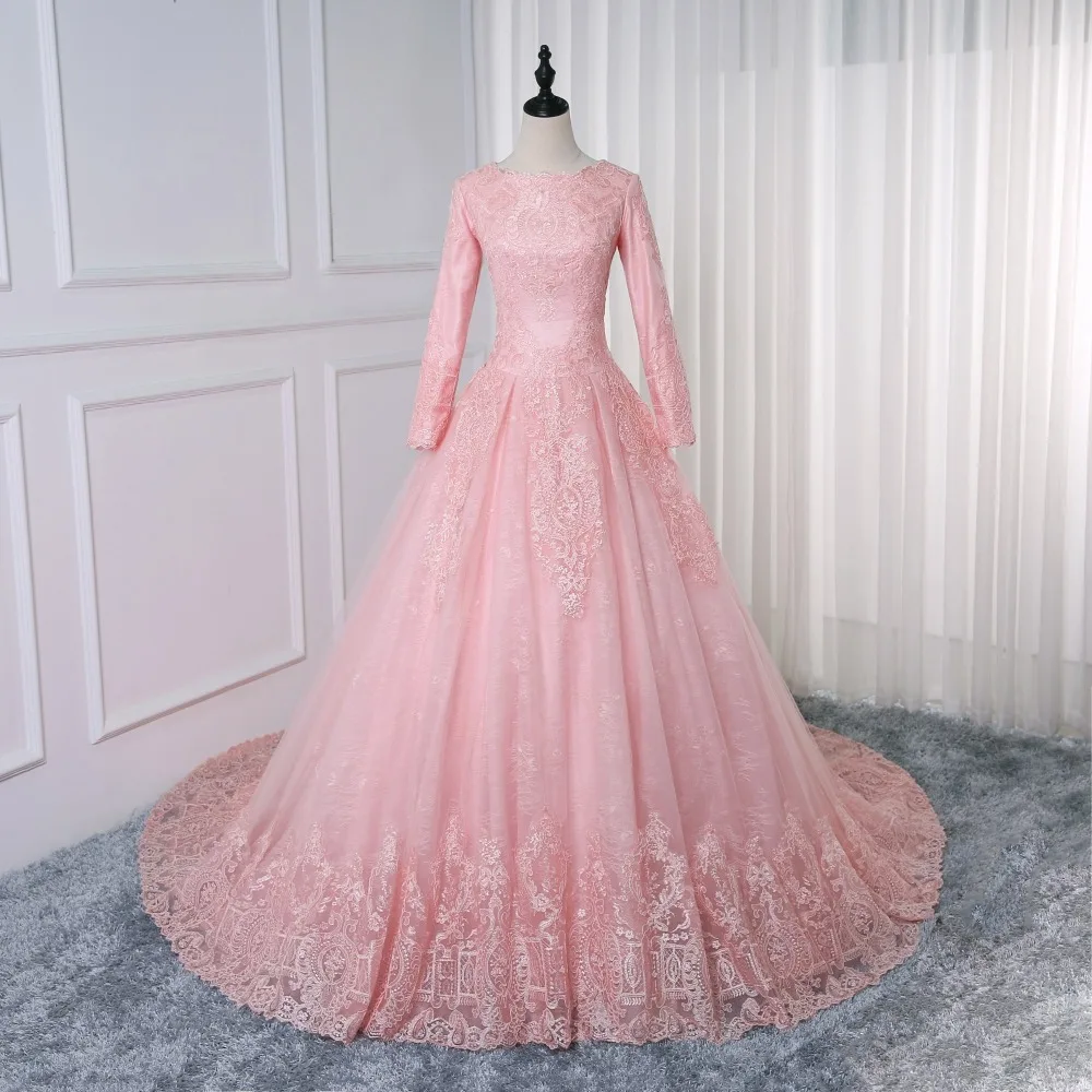 Venta Flash Vestidos De Novia Rosa Vestido De Baile Princesa Encaje Musulman Vestido De Novia De Manga Larga Vintage Vestido De Boda Hijab 2019 September 2020