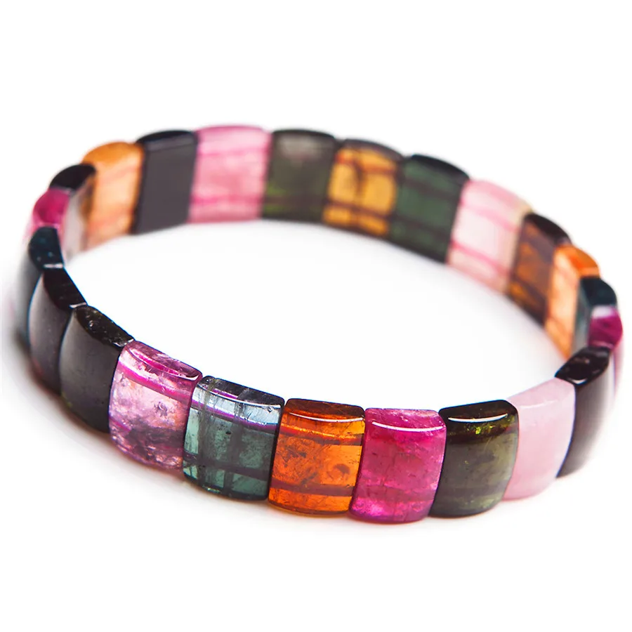  Genuine Natural Gems Tourmaline Quartz Stone Transparent Rectangle Clear Crystal Bead Stretch Charm Bracelet Bangle Femme 