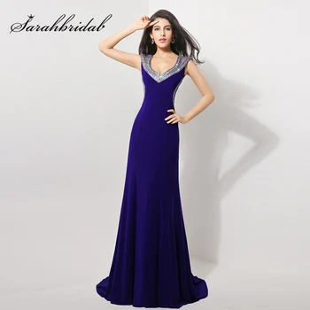 

Elegant Royal Blue Evening Dresses Mermaid Open Back Sheer Neck Prom Gown Luxury Crystal vestidos de noche de la sirena XU007