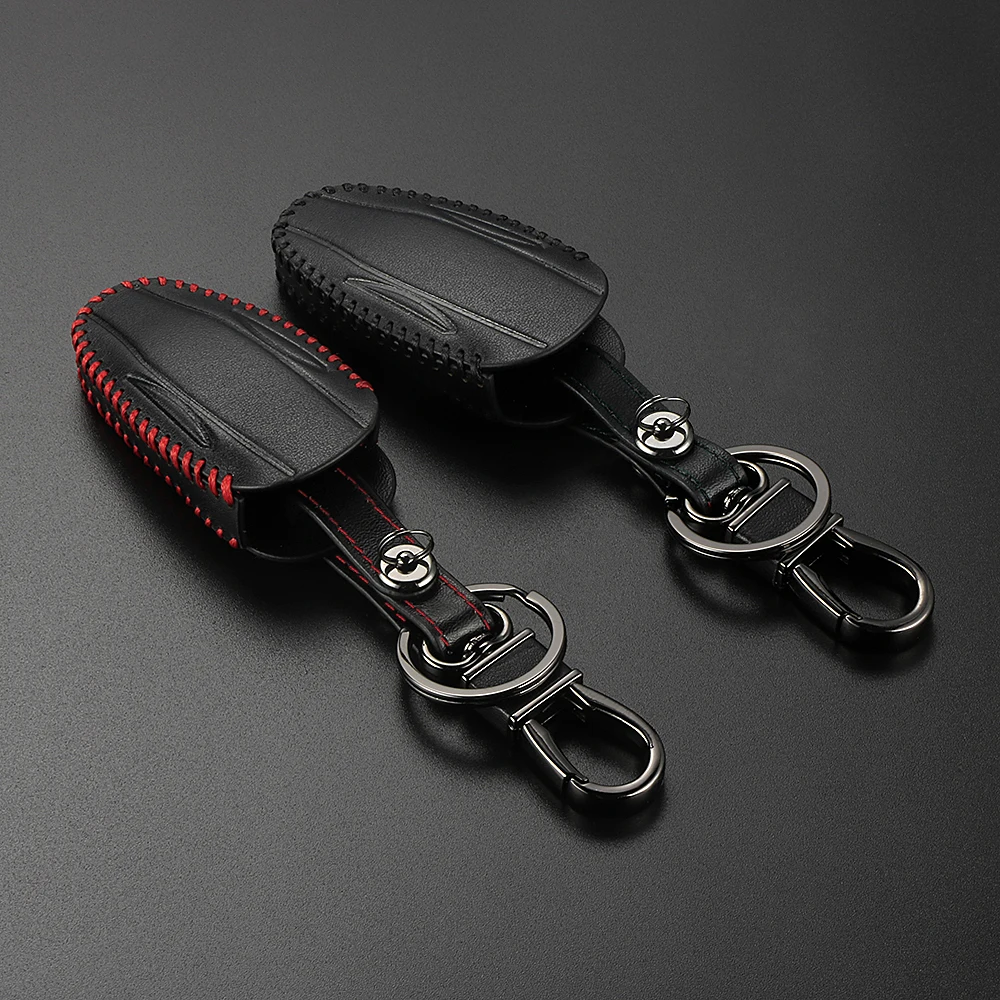 

Car Styling Genuine Leather Car Key Bag Case Cover Holder Keychain for Tesla Model S Remote Control Key Automobile Accessories